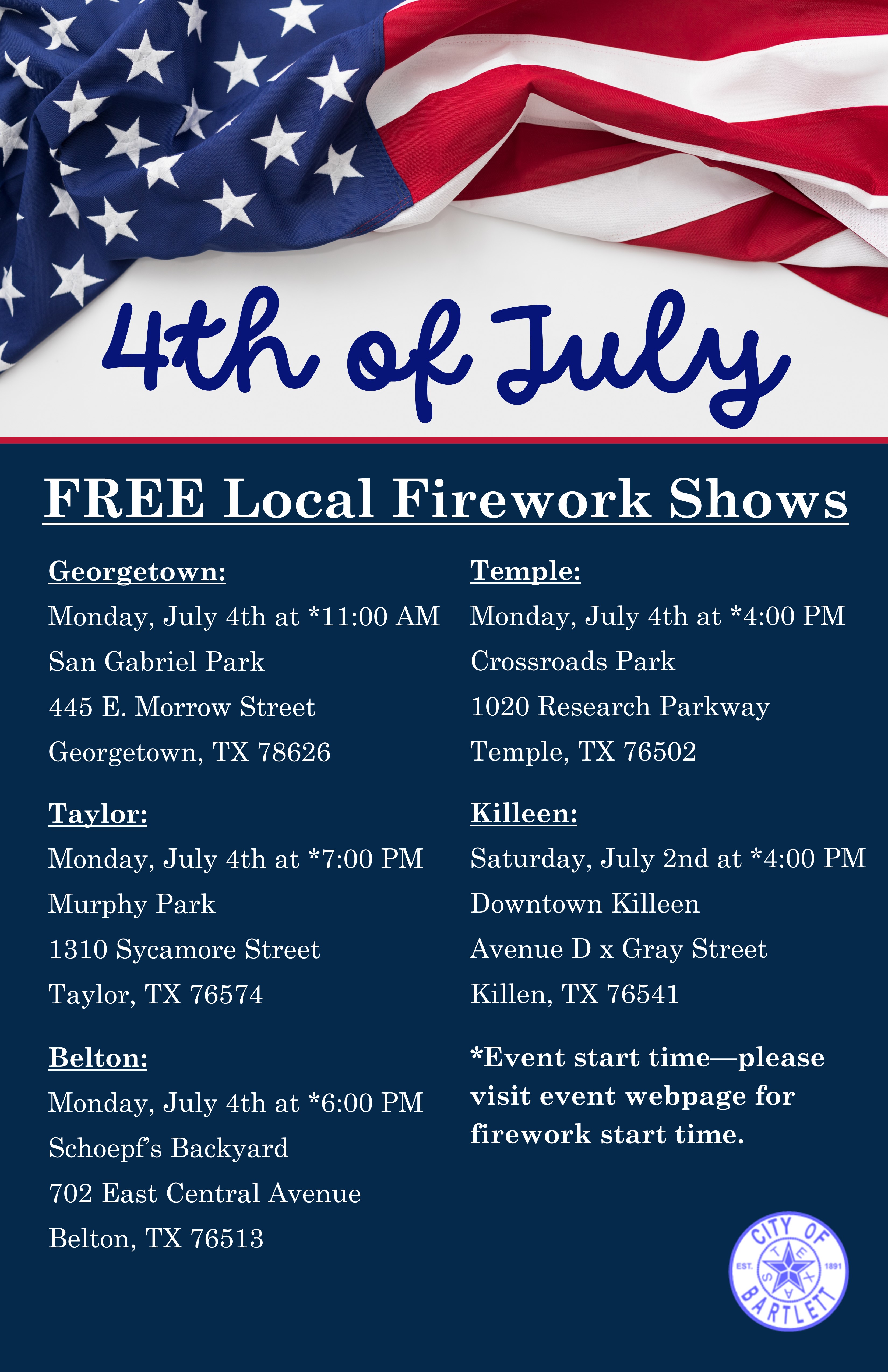4th of July FREE Local Events and Fireworks Bartlett Texas